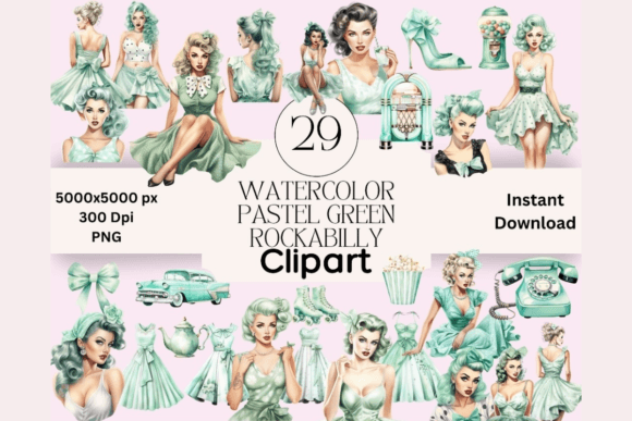 Green Rockabilly Girl Clipart: Vintage Charm for Modern Projects